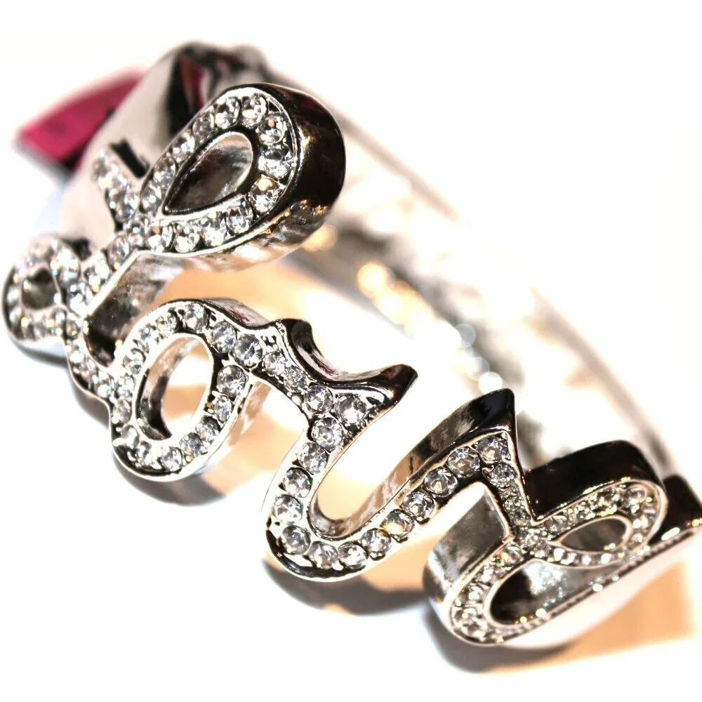 Womens Clear Crystal Love White Hinged Cuff Bold Bracelet